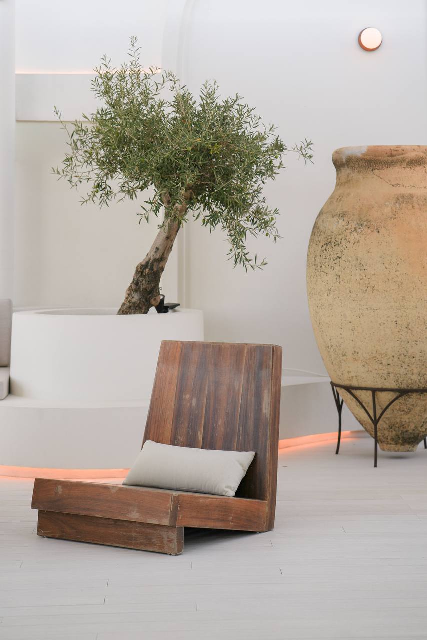 Lounge chair beside an olive tree and terracotta urn on the Milfey.Rest rooftop