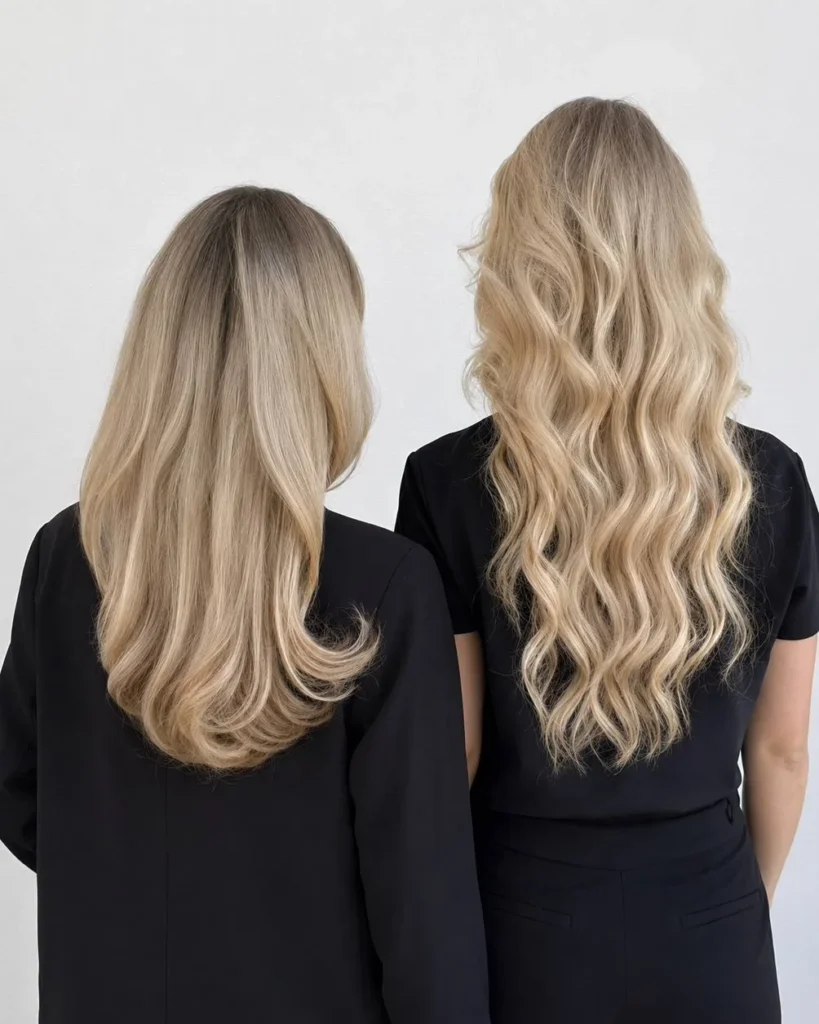 Blonde balayage and soft waves by Milfey Beauty