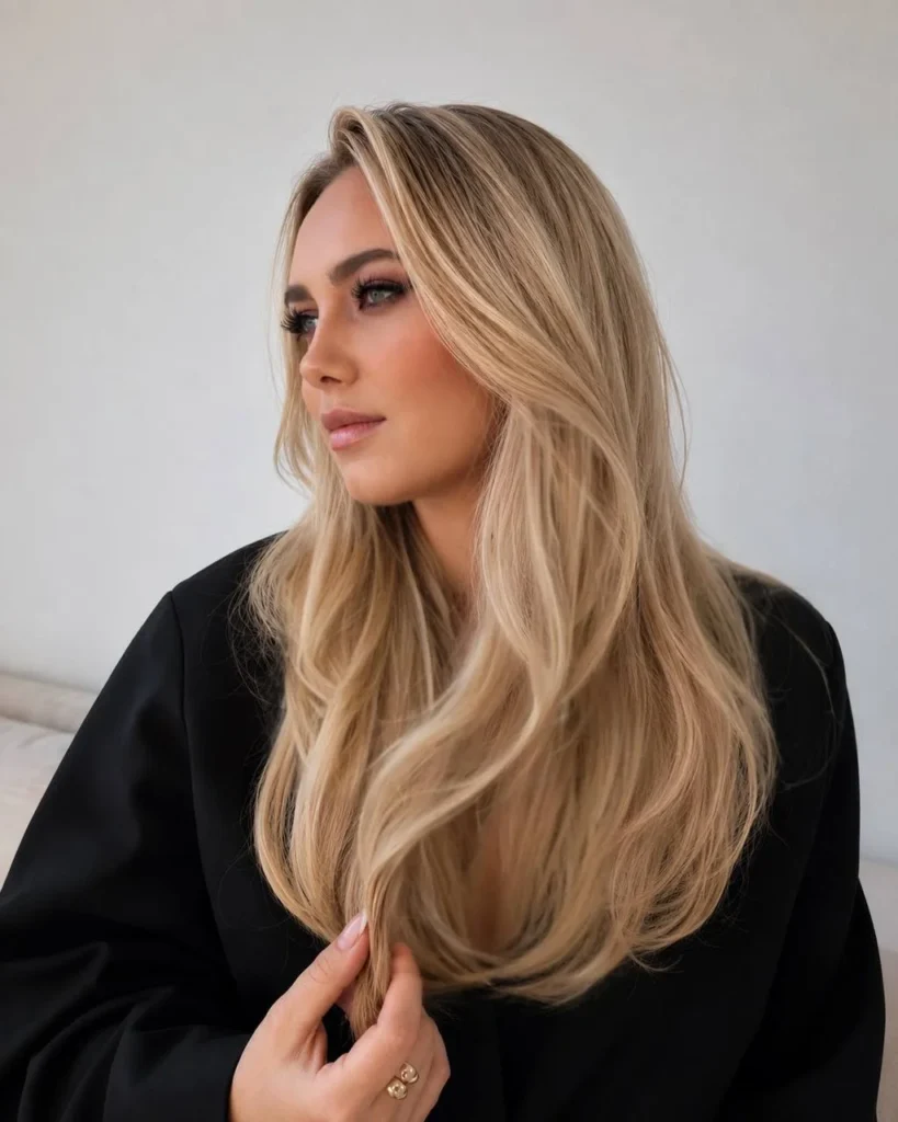 Long layered blonde hair styled at Milfey Beauty